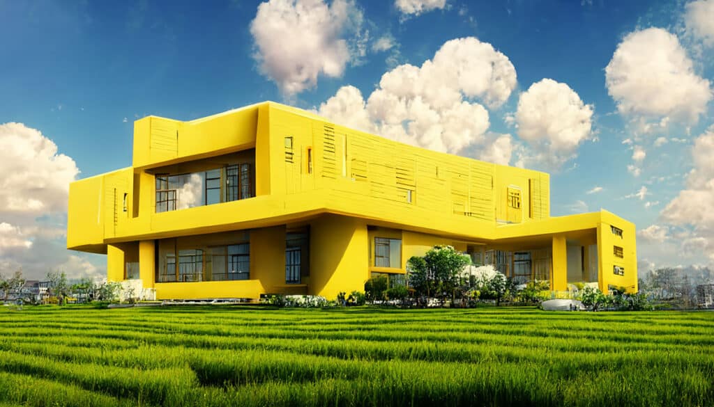 ภาพวาด AI พิพิธภัณฑ์เมืองอุดรธานี อาคารสีเหลืองที่ดูโมเดิร์น